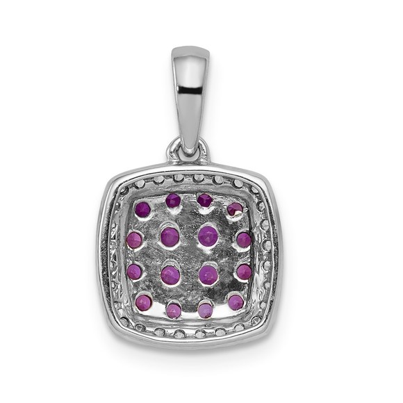 14k White Gold Diamond & Ruby July Birthstone Square Halo Necklace Charm Pendant - Picture 3 of 4